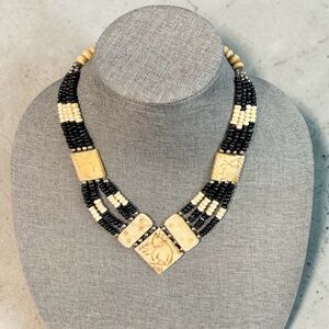 Tribal Handcrafted Carved Black and Cream Beaded Statement Necklace, Vintage
